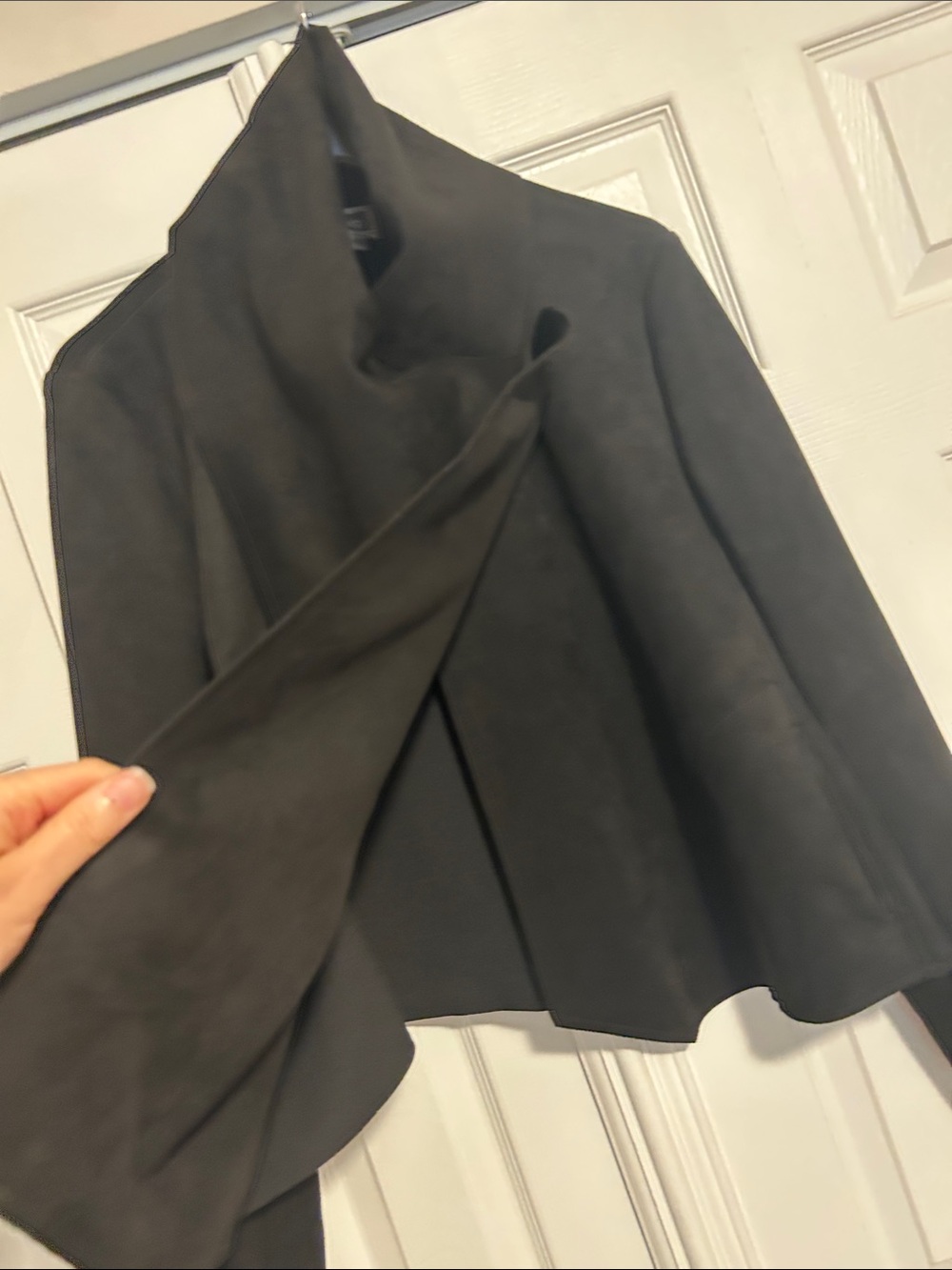 Anne Klein Black Draped Suede Open-Front Asymmetrical Jacket - Picture 3 of 15